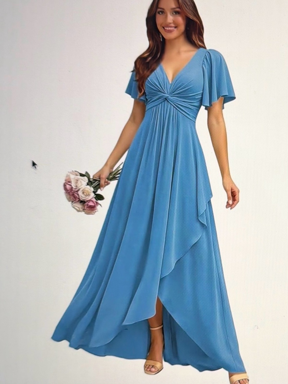 Flutter Sleeve Bridesmaid Dresses for Women Long Ruffled A Line Chiffon V Neck